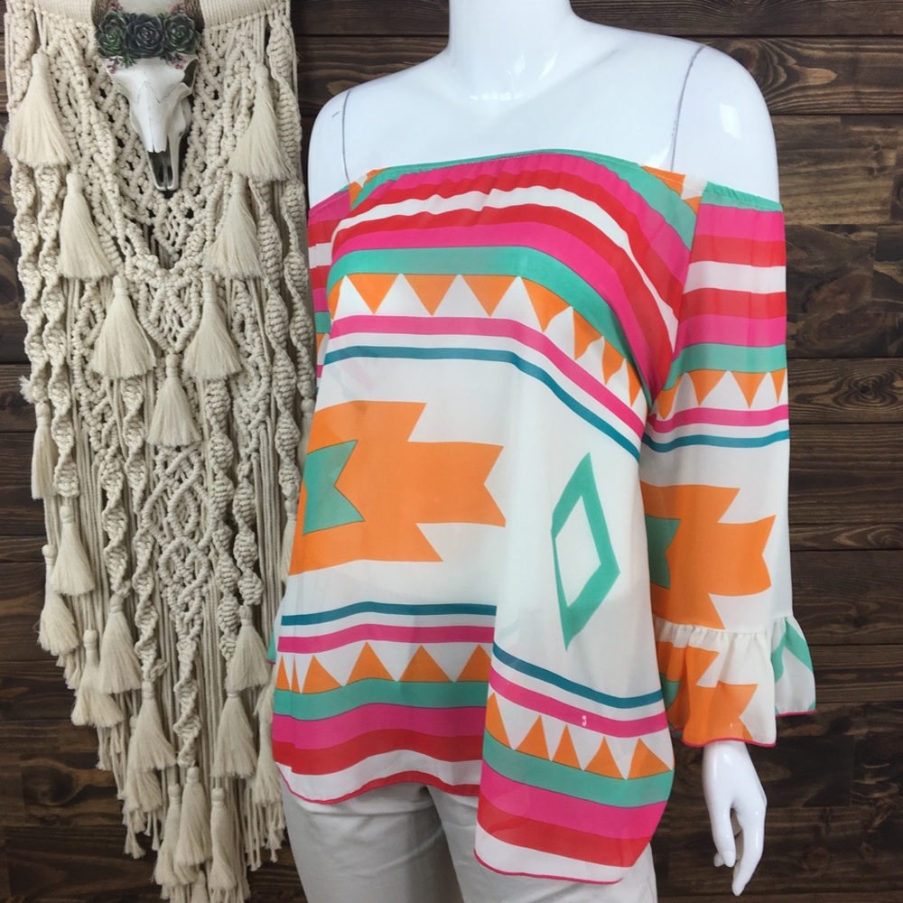 R Rouge | Aztec Sheer Ruffle Bell Sleeve Blouse - Picture 7 of 8